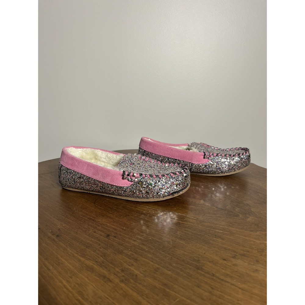 Lands End Kids Youth Pattern Moccasin Slippers Multi Glitter Pink Sparkle Sz 3